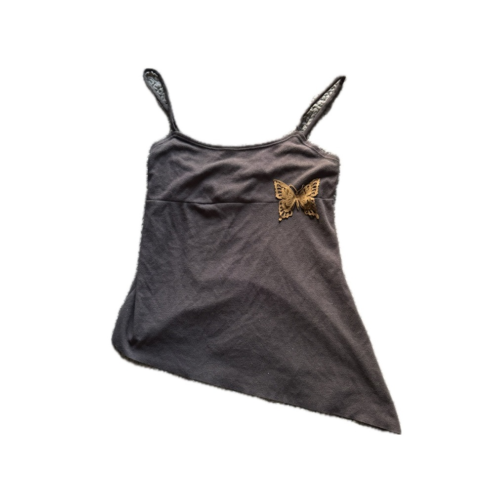 Brown Asymmetrical Top with Butterfly Accent